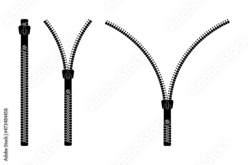 Zip icon. Open and closure of fastener of clothes. Zipper for bag, jacket and clothing. Pull lock by teeth for unzip. Fastener for pocket. Fashion accessories for textile and leather. Vector