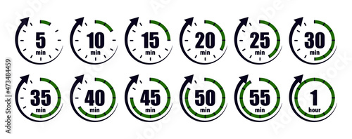 Timer of clock with arrows. Circle stopwatch for fast delivery. Hours icon from 5 minute to 1 hour. Ticking of time of deadline for deal. Round passage of interval from 5 to 55 minutes. Vector
