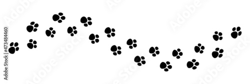 Print of paw dog or cat. Canine footprint. Pattern of pet foot. Black trail of tiger isolated on white background. Silhouette of paw of puppy. Icon of animal track. Cute pawprint and path. Vector