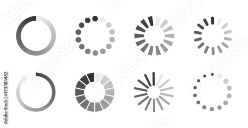 Load icons. Process of wait on digital screen. Bar of circular elements for loading. Buffering download. Progress in speed upload. Countdown of time in status loader. Symbol for interface. Vector.