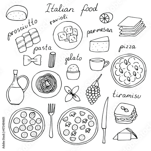 Italian food set vector illustration, hand drawing doodles