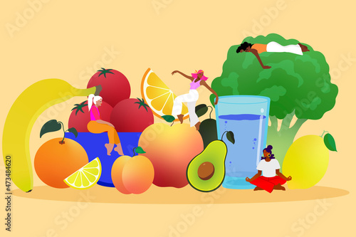 Group of people surrounded by fruits and vegetables