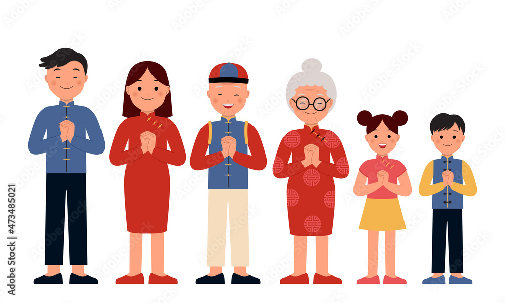 Happy Chinese new year family greeting standing pose set. Flat vector cartoon design
