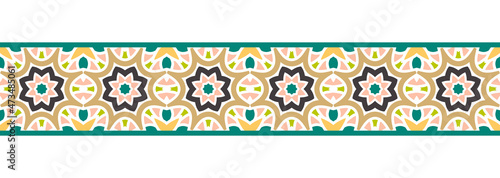 Border line seamless background. Decorative design seamless ornamental mosaic border pattern. Islamic, indian, arabic motifs. Abstract flower