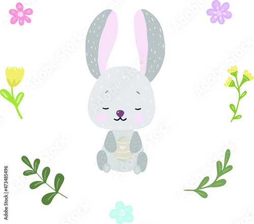 Happy Easter card. Vector illustration of cute cartoon rabbit surrounded by flowers and Easter eggs. Isolated on white