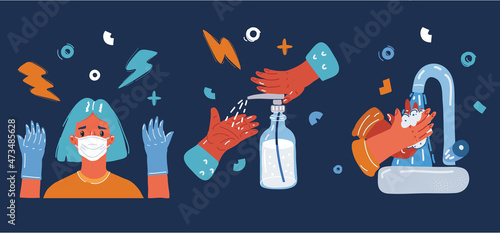 Vector illuatration of Phygiene promotion with wearing a face mask, sanitizing with alcohol and washing your hands over dark background