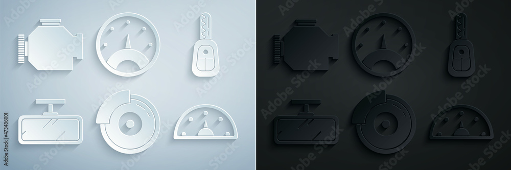 Set Car brake disk with caliper, key remote, mirror, Speedometer, and Check engine icon. Vector Set Car brake disk with caliper, key remote, mirror, Speedometer, and Check engine icon. Vector