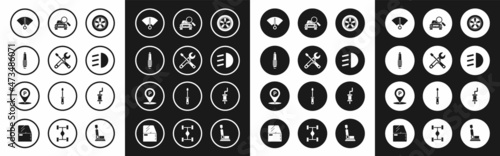 Set Car wheel, Screwdriver and wrench tools, spark plug, Speedometer, High beam, search, muffler and Location with parking icon. Vector