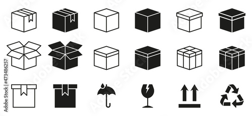 Cardboard Boxes Line and Silhouette Icon Set. Package with Symbol of Recycle, Glass, Fragile Pictogram. Open and Closed Parcel Collection Icon. Editable Stroke. Isolated Vector Illustration