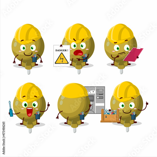 Professional Lineman yellow lolipop wrapped cartoon character with tools