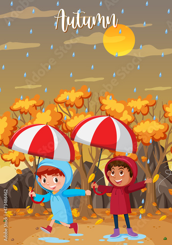 Raining in autumn with children wear raincoat and holding umbrellas