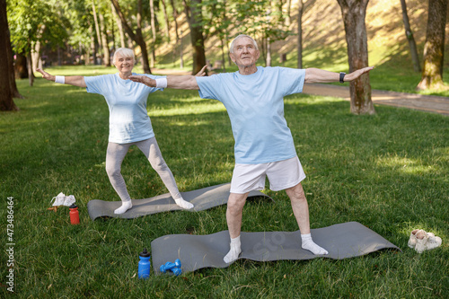 Sportive tranquil senior man and woman do yoga exercise on lawn © Kostiantyn