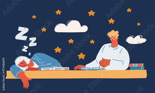 Vector illuatration of Student sleeping on her desk in a classroom over dark background