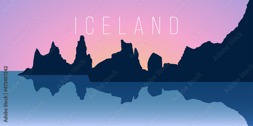 Reynisdrangar silhouette, nature of Iceland. Flat vector illustration