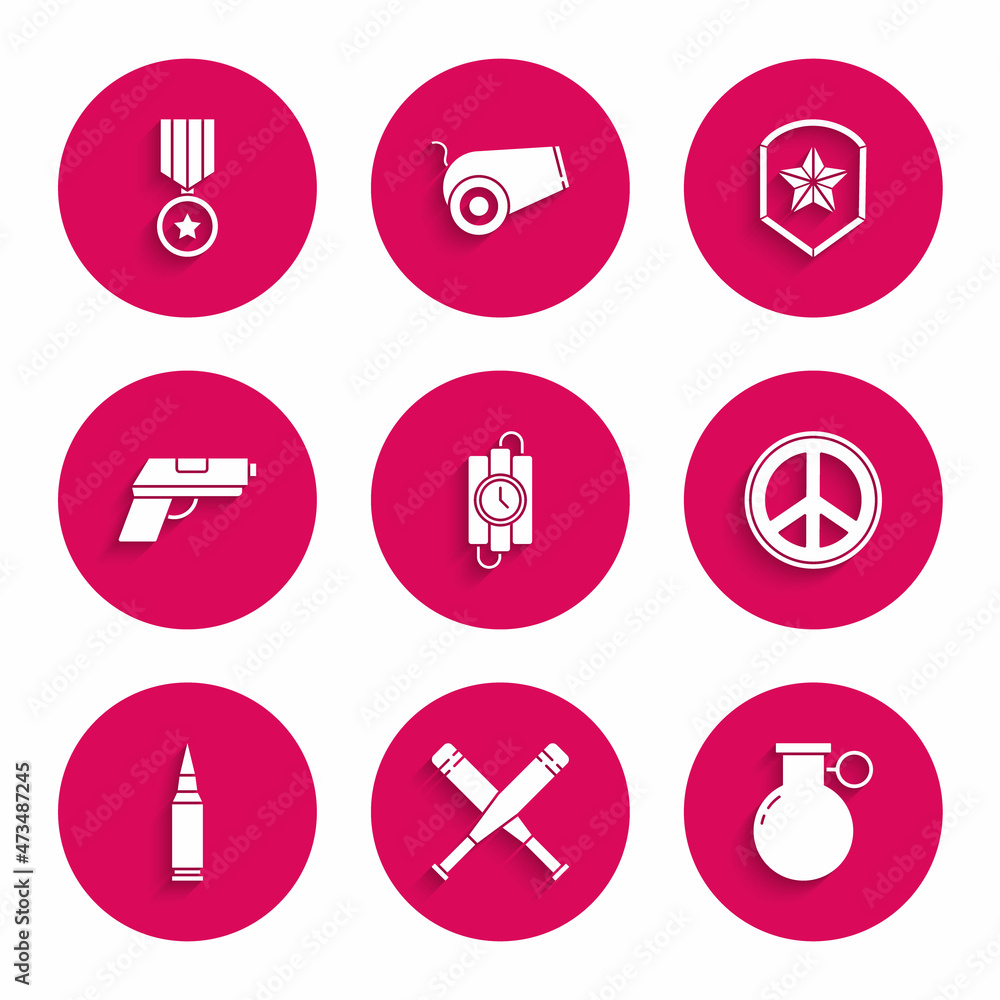 Set dynamite stick and timer clock, Crossed baseball bat, Hand grenade, Peace, Bullet, Pistol or gun, Police badge and Military reward medal icon. Vector Set dynamite stick and timer clock, Crossed baseball bat, Hand grenade, Peace, Bullet, Pistol or gun, Police badge and Military reward medal icon. Vector