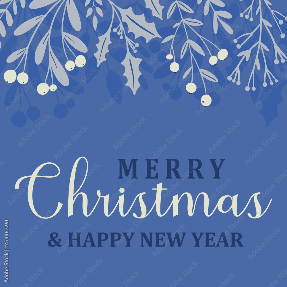Naklejka premium Elegant Merry Christmas and Happy New Year greeting card with winter navy blue frame with frozen holly berry, mistletoe plant, Christmas greenery silhouette. Social media square post template.