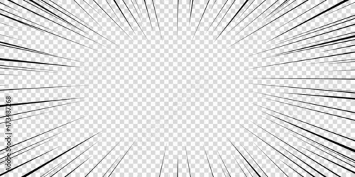 Speed lines as manga comic effect on transparent background. Cartoon anime action background. Vector illustration of blast motion effect or explosion frame. Flash ray blast glow