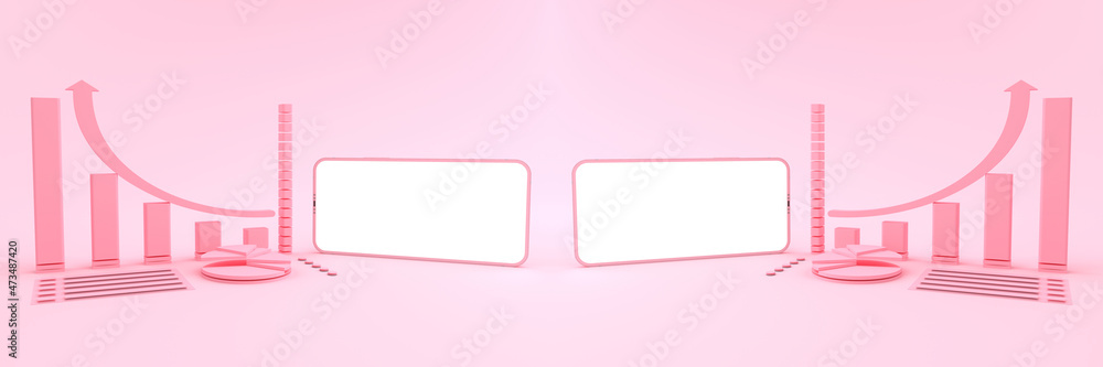 3D rendering of mockup pink smartphone white screen opposite of Mock up of pink graph and circle graph. Smartphone white screen can be used for commercial advertising, Isolated on pink background. 3D rendering of mockup pink smartphone white screen opposite of Mock up of pink graph and circle graph. Smartphone white screen can be used for commercial advertising, Isolated on pink background.