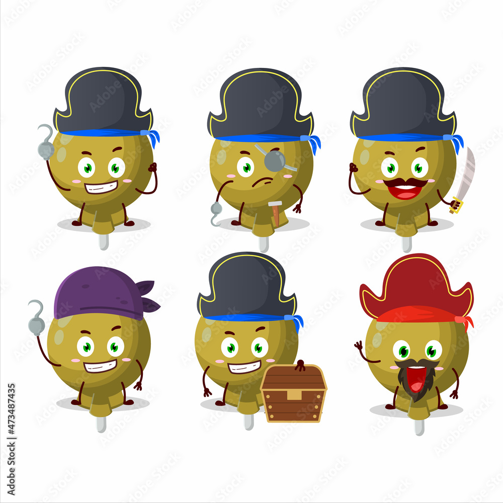 Cartoon character of yellow lolipop wrapped with various pirates emoticons