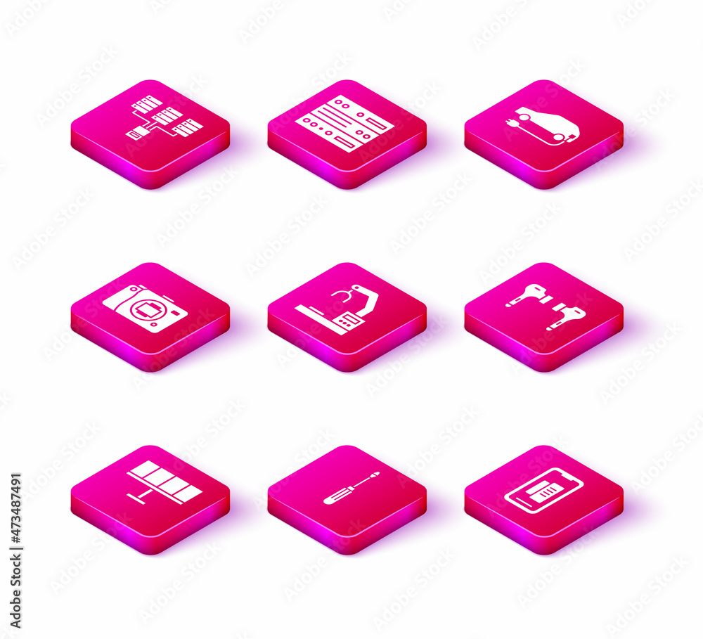 Set Solar energy panel, Screwdriver, Mirrorless camera, Robotic robot arm hand factory, Smartphone, mobile phone, Air headphones, Electric car and Server, Data, Web Hosting icon. Vector Set Solar energy panel, Screwdriver, Mirrorless camera, Robotic robot arm hand factory, Smartphone, mobile phone, Air headphones, Electric car and Server, Data, Web Hosting icon. Vector
