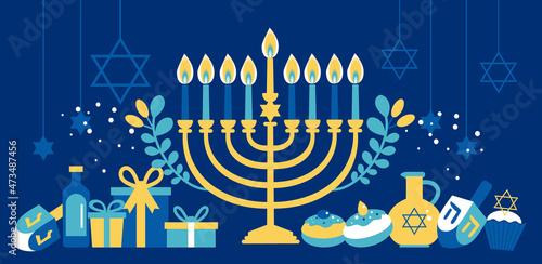 Jewish holiday Hanukkah greeting card traditional Chanukah symbol-menorah candels. Stad Davud vector illustration on blue
