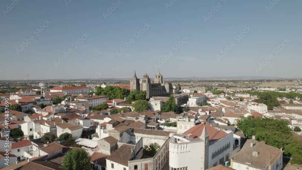 Evora cathedral monastery in Portugal, aerial view, wide orbital shot cityscape in Europe Evora cathedral monastery in Portugal, aerial view, wide orbital shot cityscape in Europe