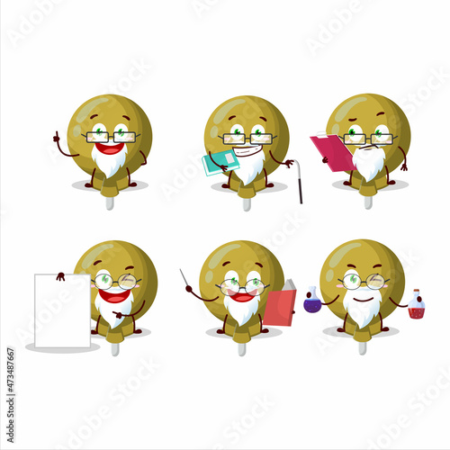 Professor yellow lolipop wrapped academic cartoon character working on laboratory