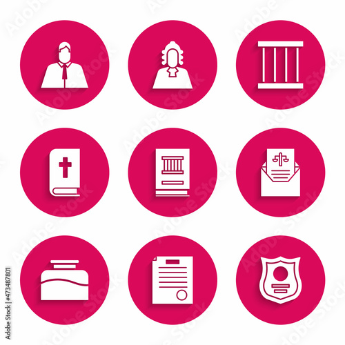 Set Law book, The arrest warrant, Police badge, Subpoena, Inkwell, Holy bible, Prison window and Lawyer, attorney, jurist icon. Vector