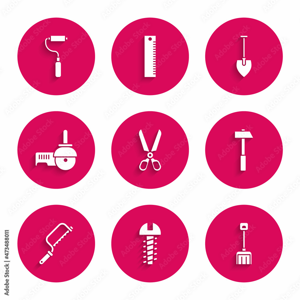 Set Scissors, Metallic screw, Snow shovel, Hammer, Hacksaw, Angle grinder, Shovel and Paint roller brush icon. Vector Set Scissors, Metallic screw, Snow shovel, Hammer, Hacksaw, Angle grinder, Shovel and Paint roller brush icon. Vector