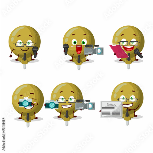 Character reporter yellow lolipop wrapped cute mascot with microphone