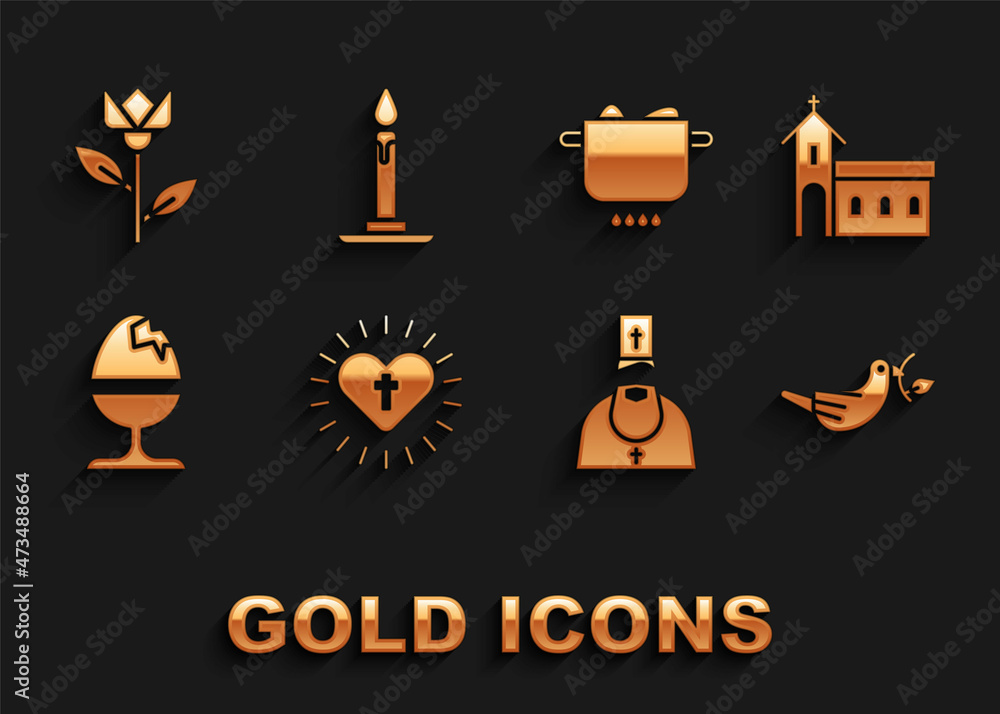 Set Christian cross and heart, Church building, Peace dove with olive branch, Priest, Chicken egg on stand, Egg hot pot, Flower tulip and Burning candle candlestick icon. Vector Set Christian cross and heart, Church building, Peace dove with olive branch, Priest, Chicken egg on stand, Egg hot pot, Flower tulip and Burning candle candlestick icon. Vector