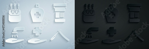 Set Cross hospital medical, Medicine bottle, Washing hands with soap, Straight razor, Bottle of liquid antibacterial and Cotton swab for ears icon. Vector