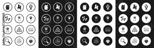 Set Radioactive in location, Test tube and flask, Molecule, Astronomical observatory, XYZ Coordinate system and icon. Vector