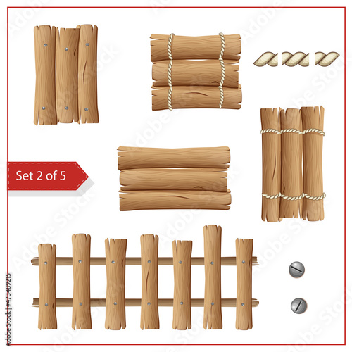 wooden fence, textured planks tied with rope, banners, timbers isolated on white background. game assets elements, rope elements and nails. vector cartoon style clipart. elements for game ui design