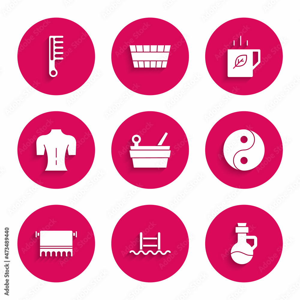 Set Sauna bucket and ladle, Swimming pool with ladder, Essential oil bottle, Yin Yang, Towel on hanger, Massage, Cup of tea leaf and Hairbrush icon. Vector Set Sauna bucket and ladle, Swimming pool with ladder, Essential oil bottle, Yin Yang, Towel on hanger, Massage, Cup of tea leaf and Hairbrush icon. Vector