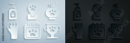 Set Calendar grooming, Pet shampoo, Paw print, award, Location pet and icon. Vector