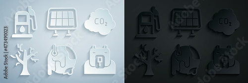 Set Global warming, CO2 emissions cloud, Withered tree, Polar bear head, Solar energy panel and Petrol or gas station icon. Vector