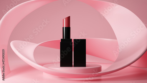 Tableau sur toile Lipstick mockup in pink pedestal and abstract geometric shapes background