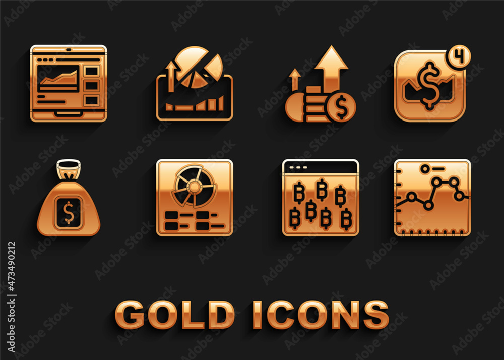 Set Pie chart infographic, Mobile stock trading, Browser with growth, Bitcoin browser, Money bag, Financial and, Trading courses and Stocks market graphs icon. Vector Set Pie chart infographic, Mobile stock trading, Browser with growth, Bitcoin browser, Money bag, Financial and, Trading courses and Stocks market graphs icon. Vector