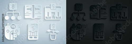 Set Mobile stock trading, Bank building, Bull and bear of market, Dollar plant, Stacks paper money cash and Blockchain technology Bitcoin icon. Vector