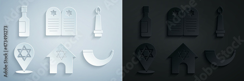 Set Jewish synagogue, Burning candle, Star of David, Traditional ram horn, shofar, Tombstone with star david and wine bottle icon. Vector