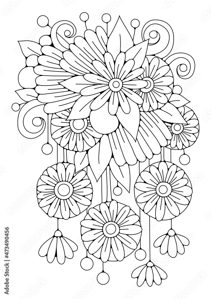 Fototapeta premium Flowers, buds, curls. Black and white floral illustration for coloring. Coloring page, art therapy for children and adults.