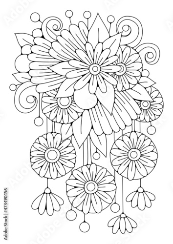 Flowers  buds  curls. Black and white floral illustration for coloring. Coloring page  art therapy for children and adults.