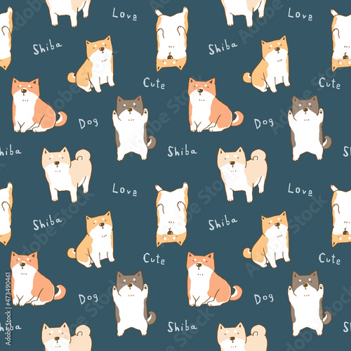 Seamless Pattern with Cute Cartoon Shiba Inu Design on Dark Blue Background
