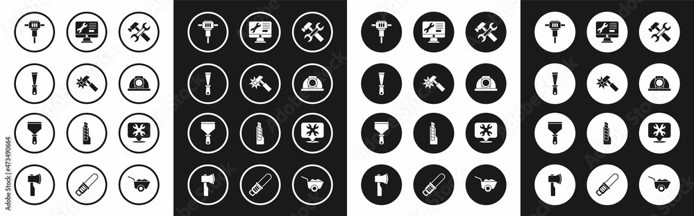 Set Hammer and wrench, Putty knife, Construction jackhammer, Worker safety helmet, Computer monitor service, Location with and icon. Vector