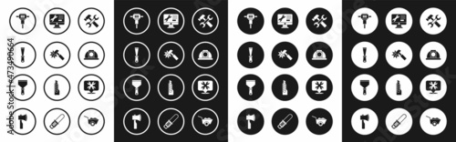 Set Hammer and wrench, Putty knife, Construction jackhammer, Worker safety helmet, Computer monitor service, Location with and icon. Vector