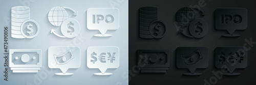 Set Stacks paper money cash, IPO, Currency exchange, Money and Coin with dollar icon. Vector