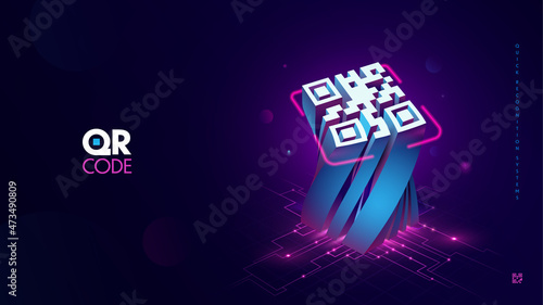 Futuristic blue QR code scanning with light neon effect vector illustration. Quick recognition verification system modern design