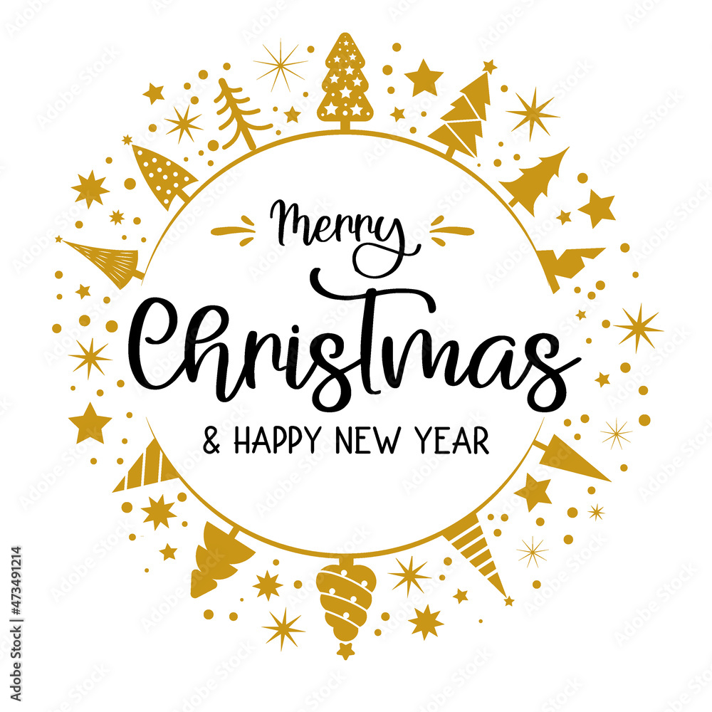 Merry Christmas Calligraphy text - Merry Christmas and Happy New Year lettering template with Chritsmas trees - golden