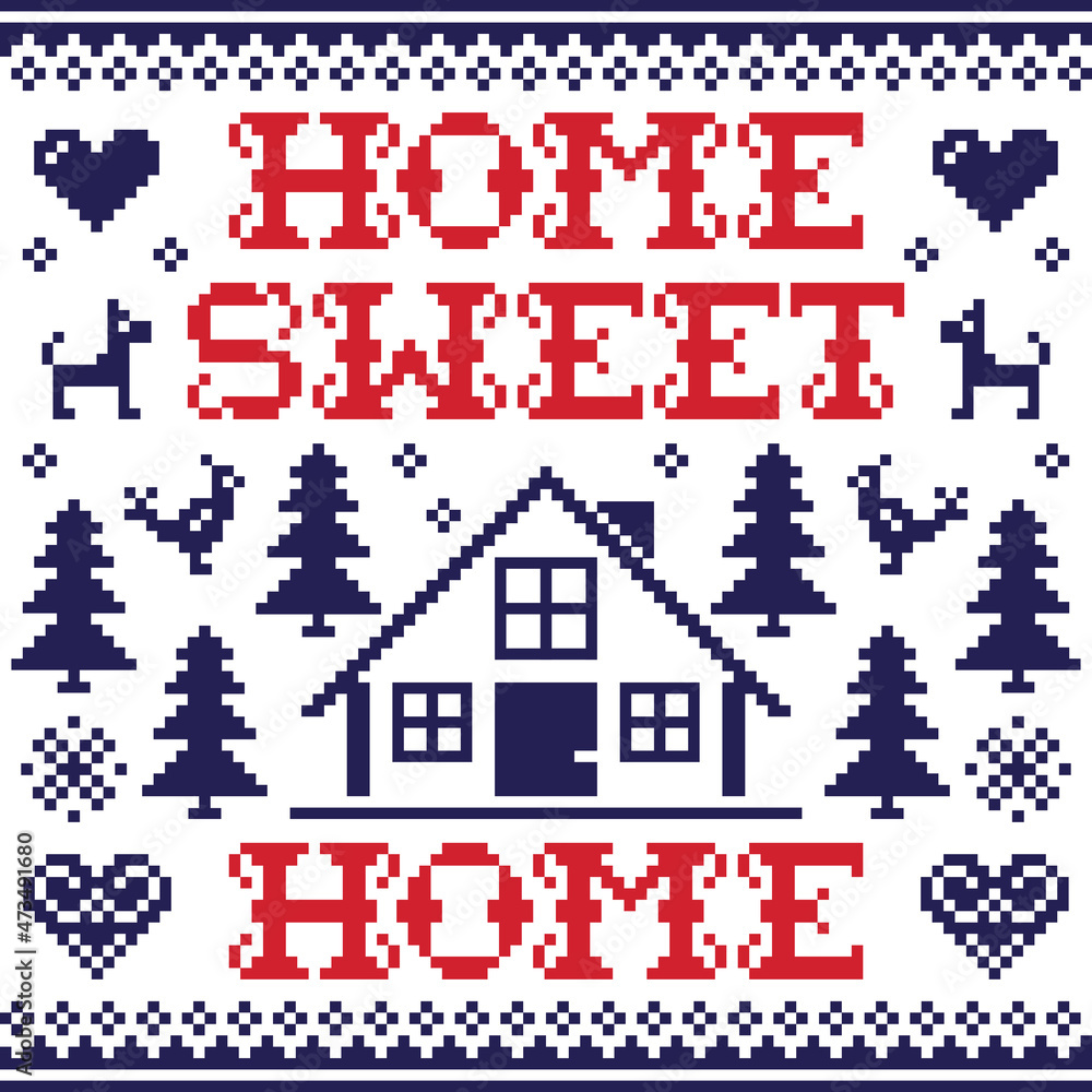 Fototapeta premium Home sweet home vector cross-stitch winter or Christmas seamless pattern - Scandinavian design with home, trees, birds and dogs 